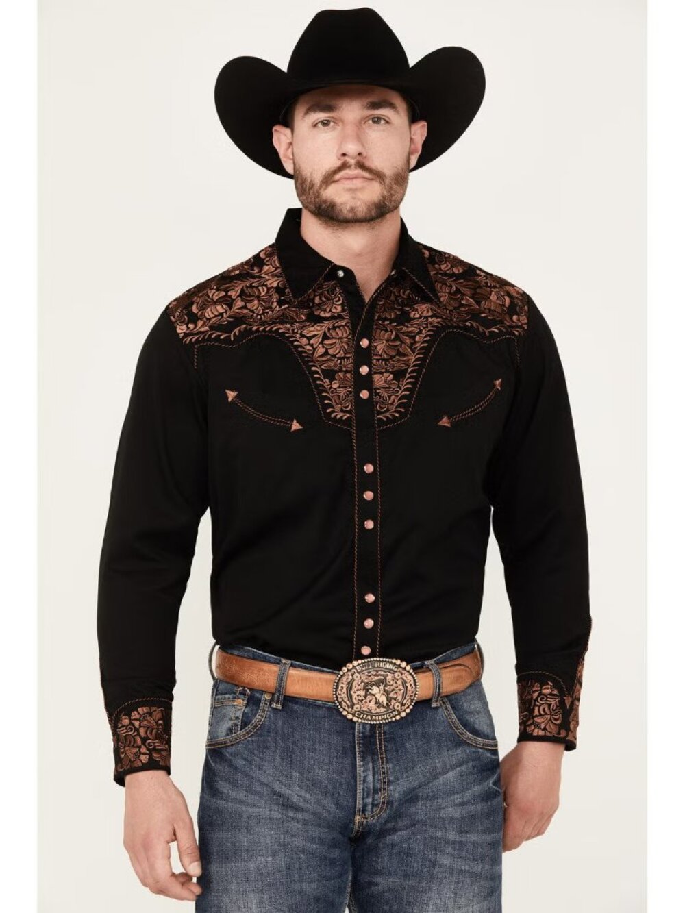 Scully Floral Tooled Embroidered Black Long Sleeve Snap Shirt - Men's Size S